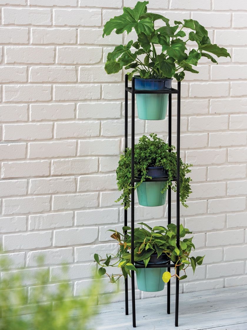 Steel Vertical Plant Stand With 3 Blue Metal Pots (View 8 of 10)