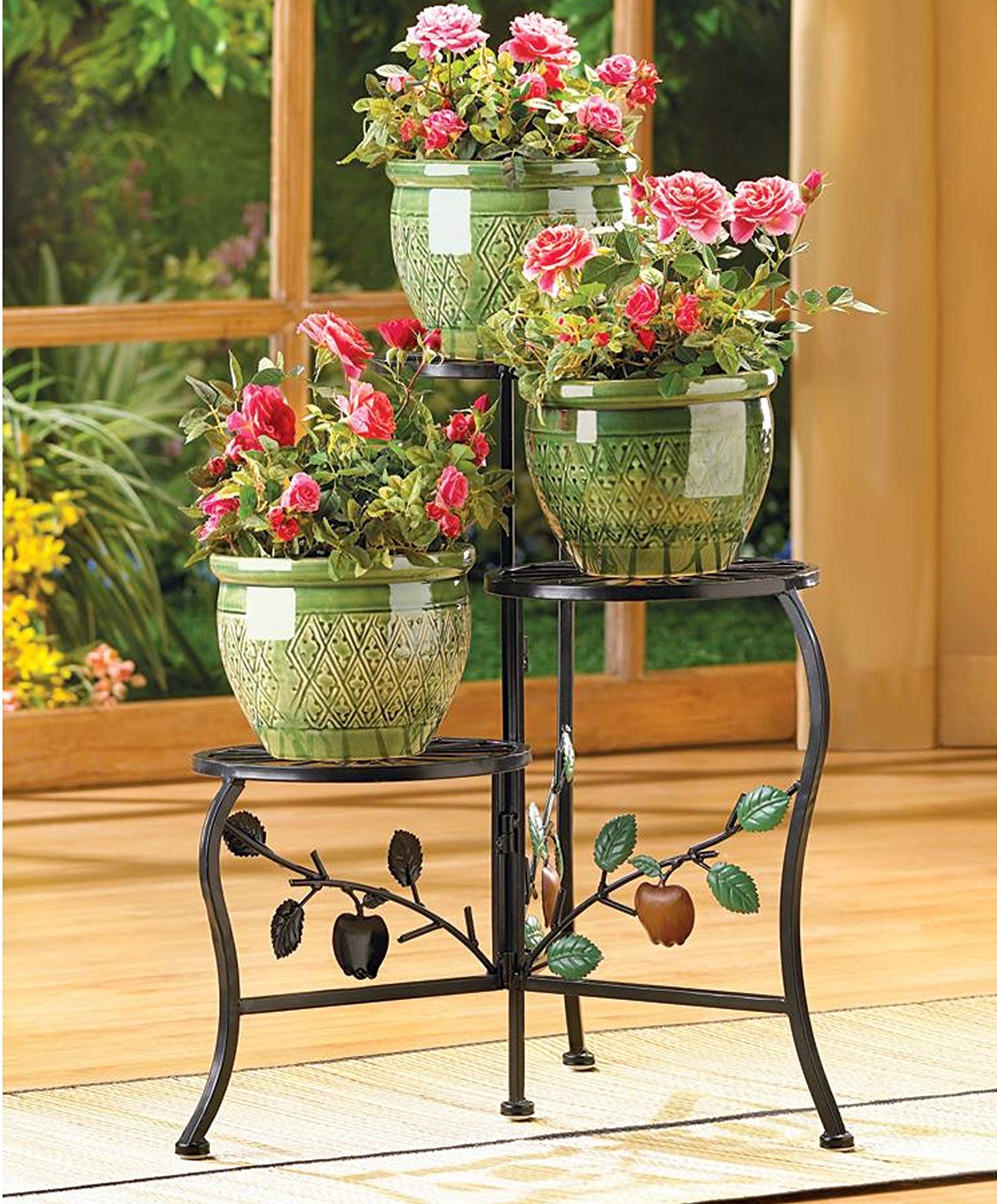 Vintage Plant Stands With Most Current Vintage Plant Holder, Multi Tier Plant Stand Wrought Iron, Tri Level Plant  Stands, Round Metal Plant Rack, Black Patio Plant Shelf, Apple Flower Pot  Stand, Indoor Outdoor Plant Lover Gifts (View 4 of 10)