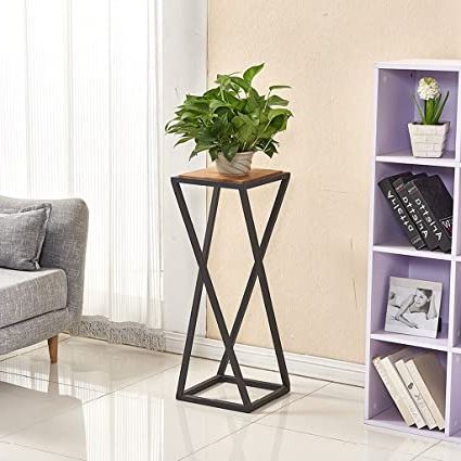 Zhen Guo Industrial Metal And Wood Corner Single Plant Stand, Black Steel  Bracket With Wooden Pot Shelf Holder, Table Lamp Stand (size : Height 60cm)  : Amazon.co (View 3 of 10)