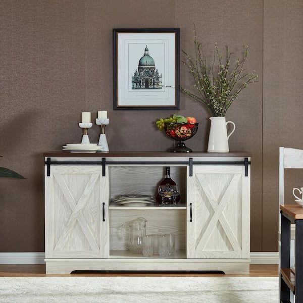 2017 Sideboards Double Barn Door Buffet Inside Anbazar White Buffet Sideboard With 2 Sliding Barn Doors, Kitchen Accent  Storage Cabinet With Storage Shelves For Dining Room D 001259 W – The Home  Depot (Photo 9 of 10)