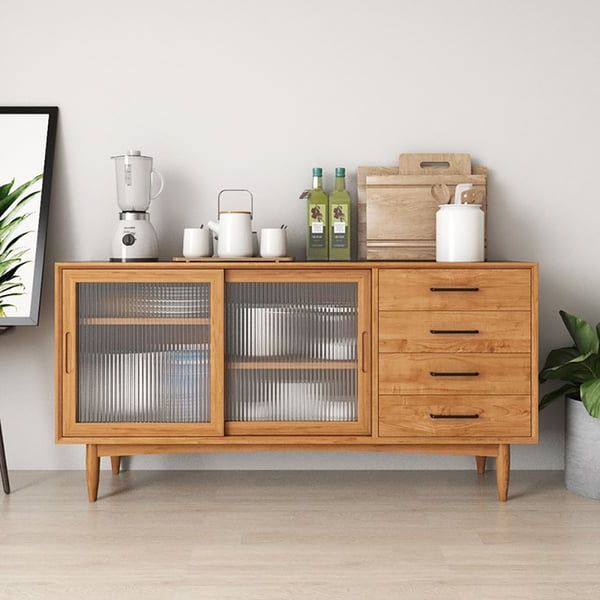 2018 Mid Century Modern Sideboards With 63" Mid Century Modern Natural Sideboard Buffet With 2 Glass Doors & 4  Drawers & 1 Shelf Homary (Photo 10 of 10)