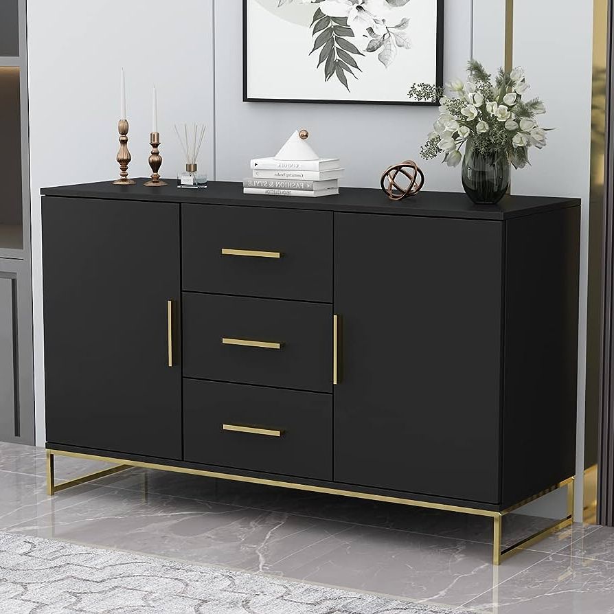 3 Drawer Sideboards With Regard To Most Popular Amazon – Aiegle Sideboard Buffet Storage Cabinet With 3 Drawers & 2  Doors, Kitchen Entryway Cupboard With Gold Metal Legs, Black (47.2" L X  15.7" W X 29.3" H) – Buffets & Sideboards (Photo 4 of 10)