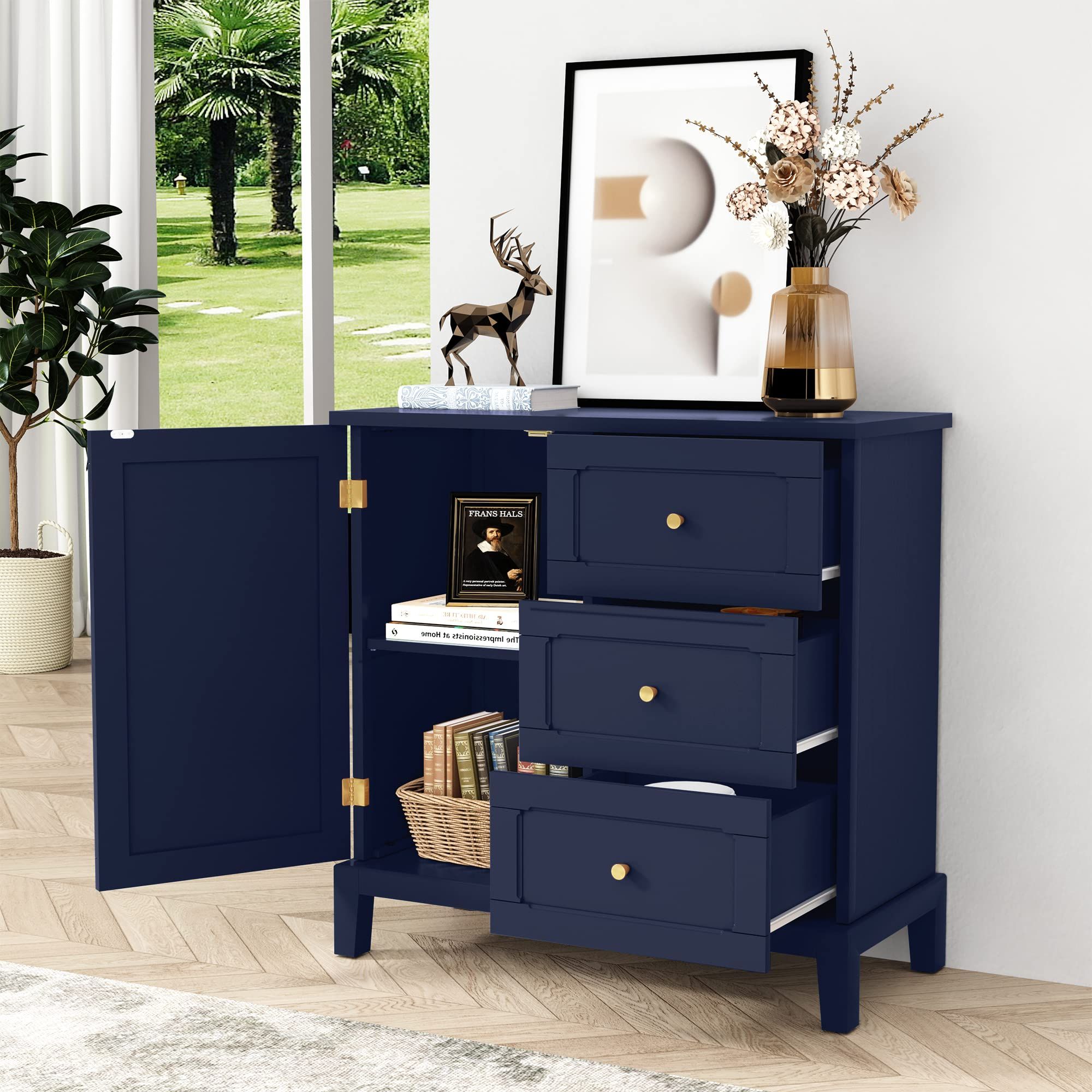 3 Drawers Sideboards Storage Cabinet In Well Liked Amazon: Hlr Accent Cabinet With 3 Drawers And Door, Wooden Storage  Cabinet With Shelves, Sideboard For Living Room, Bedroom, Entryway, Navy  Blue : Home & Kitchen (Photo 3 of 10)