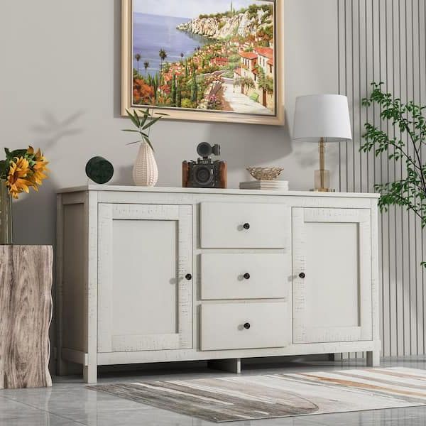 3 Drawers Sideboards Storage Cabinet Pertaining To 2017 Urtr Antique White Retro Buffet Sideboard Storage Cabinet With 2 Cabinets  And 3 Drawers, Large Storage Spaces For Dining Room T 01233 K – The Home  Depot (View 4 of 10)