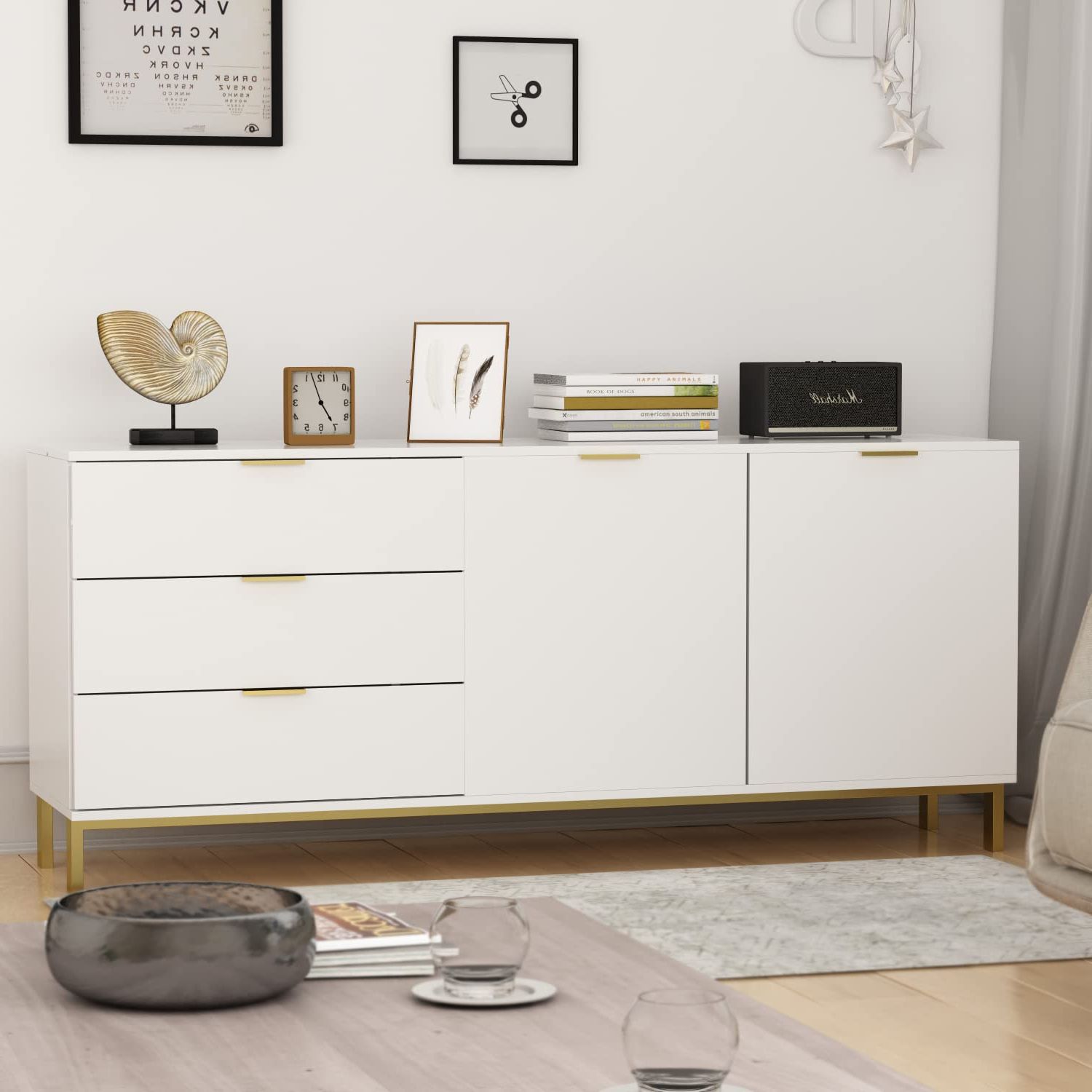 3 Drawers Sideboards Storage Cabinet Throughout Newest Amazon – Aiegle Sideboard Buffet Cabinet With 3 Drawers & 2 Doors,  Kitchen Storage Entryway Cupboard With Gold Metal Legs, White (62.9" L X  15.7" W X 27.5" H) – Buffets & Sideboards (Photo 6 of 10)