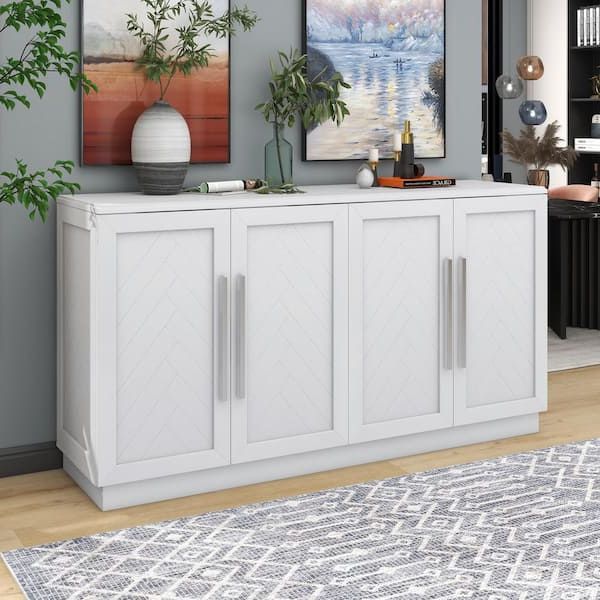 4 Door Sideboards Pertaining To Most Recently Released White Wood 60 In. 4 Doors Sideboard Buffet Cabinet With Adjustable Shelves  And Large Storage Space Fy Xw000013aak – The Home Depot (Photo 2 of 10)