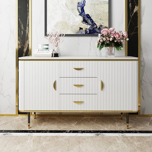 59" Modern White Sideboard With 3 Drawers & 2 Doors And Faux Marble Top In  Large Homary With Latest Sideboards With 3 Drawers (View 9 of 10)