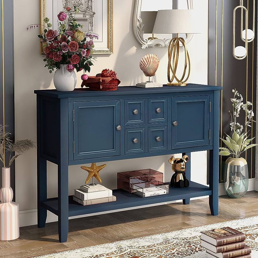 Amazon: Console Table Buffet Sideboard Sofa Entryway Side Table With 4  Storage Drawers 2 Cabinets And Bottom Shelf For Living Room Home Decor  (antique Light Navy) : Home & Kitchen Regarding Favorite Sideboards For Entryway (Photo 4 of 10)