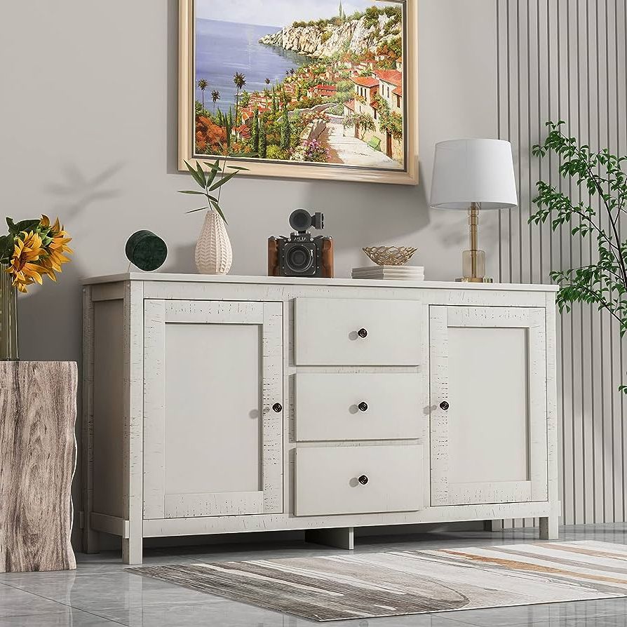 Amazon – Jskj Large Storage Cabinet Sideboard, Wood Accent Buffet Table  With 3 Drawers And 2 Cabinets For Dining Living Room, Kitchen, Dining Room  (white) – Buffets & Sideboards Throughout Newest Storage Cabinet Sideboards (View 5 of 10)