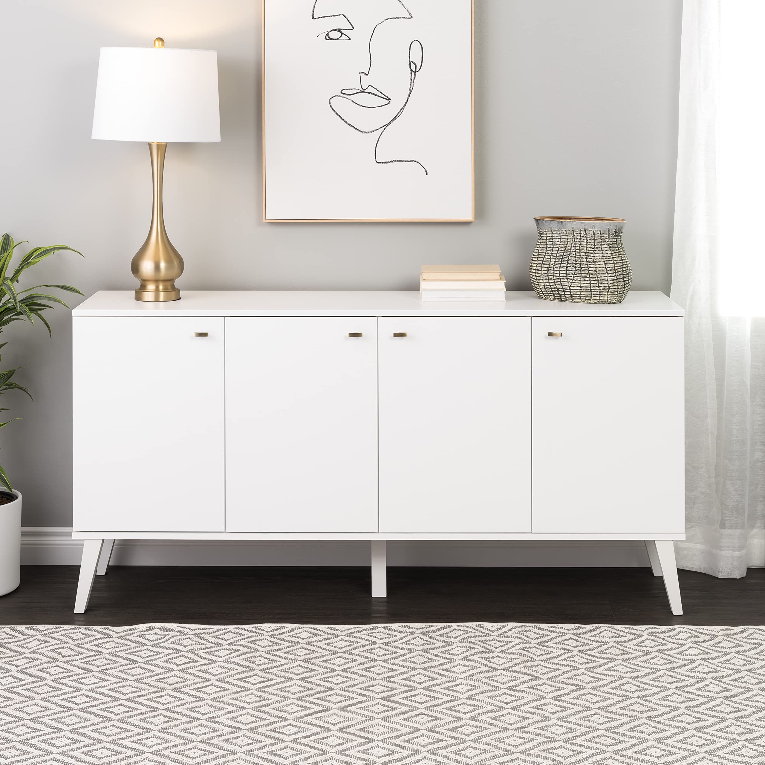 Amazon: Prepac Milo Mid Century 4 Door Buffet, 16" D X 64" W X 32" H,  White : Home & Kitchen Within Widely Used Mid Century Modern White Sideboards (Photo 1 of 10)