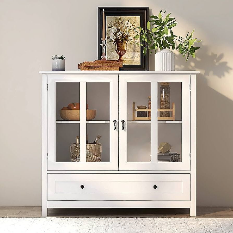 Amazon – Rasoo Modern Buffet Cabinet White Double Glass Doors With  Unique Bell Handles And Big Drawers Sideboard Cabinet Kitchen Cupboard  Dining Room Hallway Entryway, 41.4" L X 15.5" W X 35.4" Pertaining To Popular Wide Buffet Cabinets For Dining Room (Photo 6 of 10)