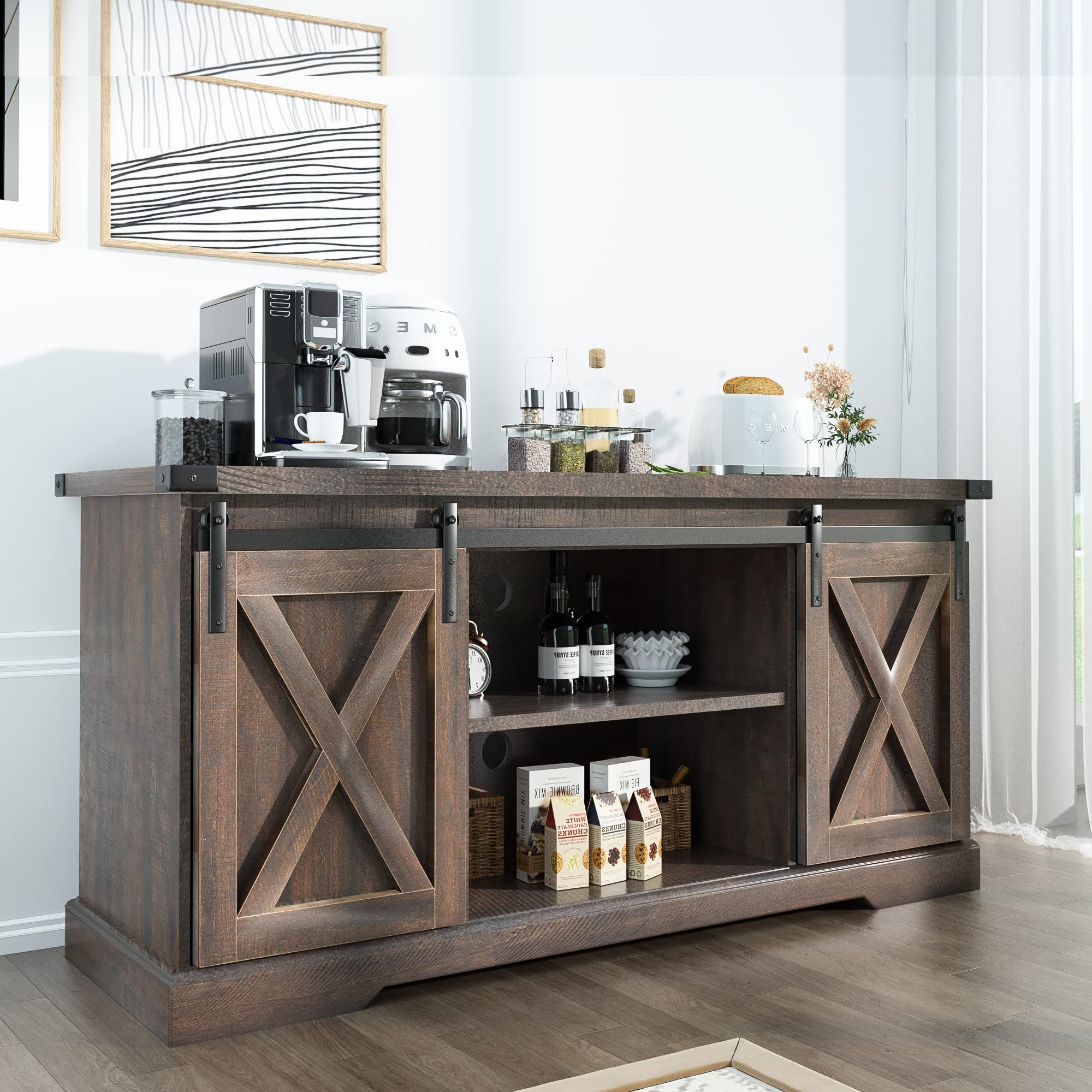 Amazon – Squireewo Farmhouse Buffet Cabinet Sideboard With Sliding Barn  Doors, Rustic Coffee Bar Cabinet Server With Storage And Adjustable  Shelves, Cupboard Table For Kitchen Dining Room Living Room, Brown – Buffets Intended For Recent Sideboards Double Barn Door Buffet (Photo 1 of 10)