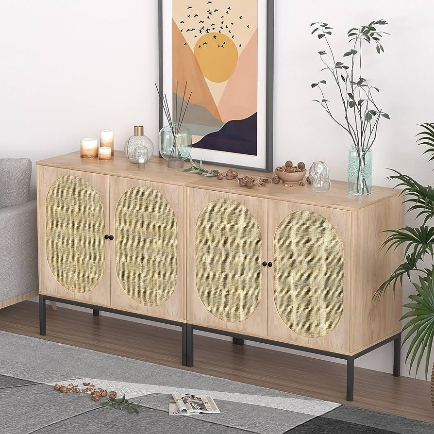 Amazon – Xiao Wei Set Of 2 Buffet Sideboard With Handmade Natural Rattan  Doors, Rattan Cabinet Storage Cabinet Console Table Accent Cabinet, For  Dining Room, Living Room, Kitchen, Natural – Buffets & Sideboards Regarding Widely Used Assembled Rattan Buffet Sideboards (Photo 3 of 10)