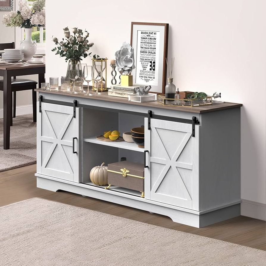 Amazon: Yitahome Kitchen Buffet Cabinet, 60“ Farmhouse Sliding Barn Door  Coffee Bar Sideboard Buffet Cabinet With Capacity 300 Lbs For Home Kitchen  Dinning Living Room, Grey White/grey Wash : Everything Else Regarding Popular Sideboards Double Barn Door Buffet (Photo 6 of 10)
