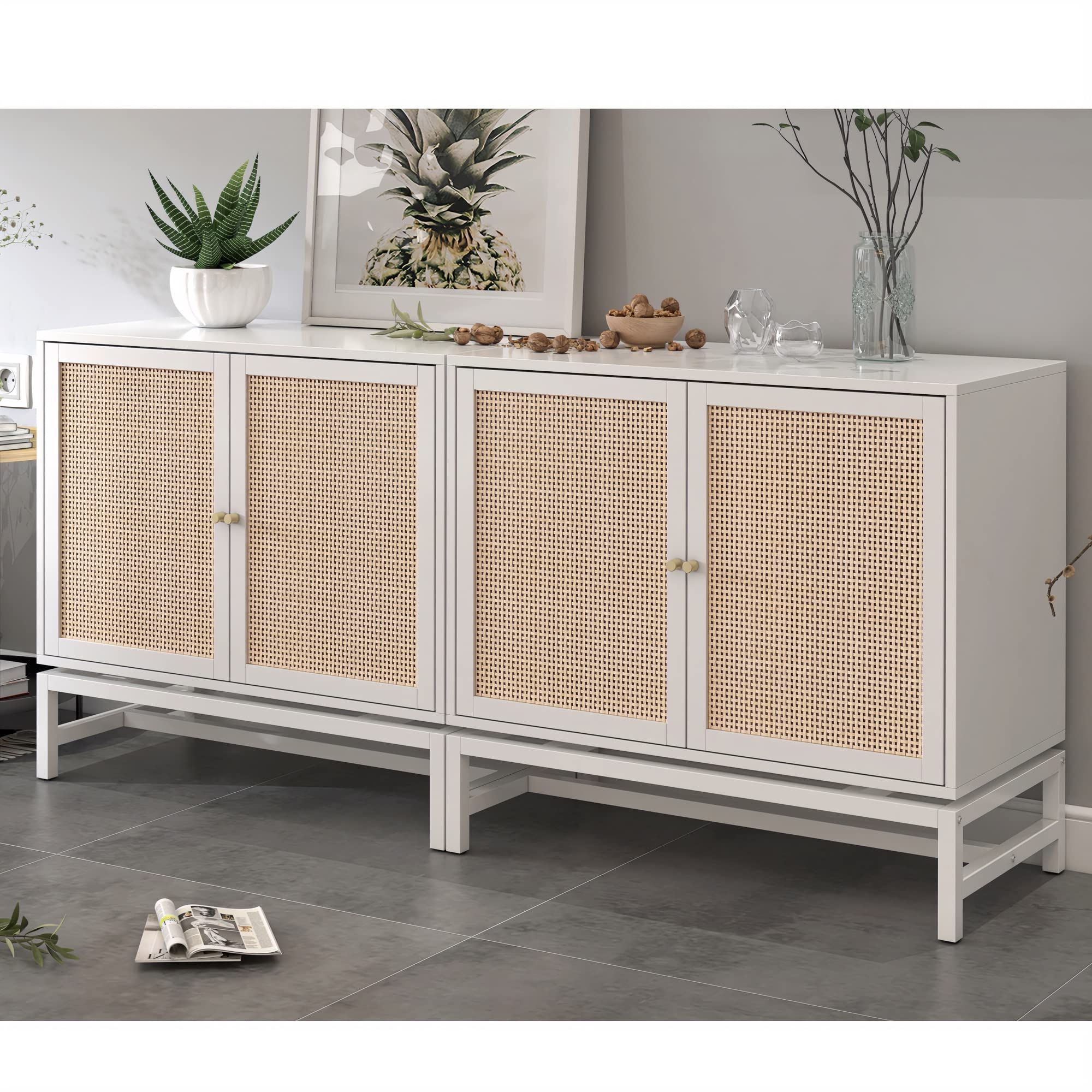 Assembled Rattan Buffet Sideboards Inside Well Known Amazon – Awqm 2pcs Rattan Sideboard Buffet Cabinet With  Storage,kithchen Accent Storage Cabinet With Doors Console Table With  Adjustable Shelves,wood Console Cabinet For Dining Room,living Room,white –  Buffets & Sideboards (View 6 of 10)