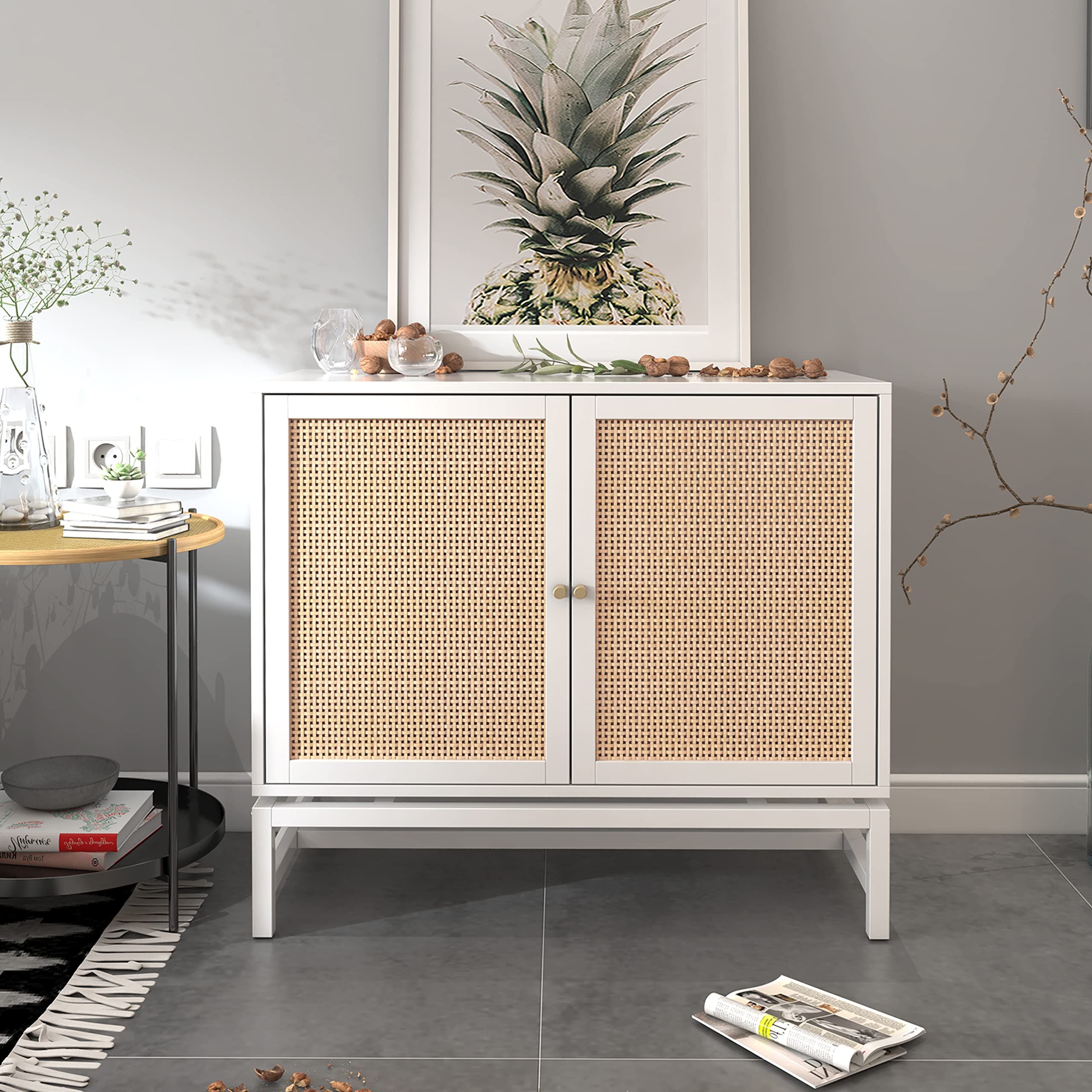 Assembled Rattan Sideboards In Well Known Amazon – Zehuoge White Sideboard Buffet Side Cabinet Rattan Cupboard  With Natural Rattan, 2 Tier Storage Cabinet Rattan Accent Cabinet Built In  3 Stage Adjustable Detachable Shelf – Buffets & Sideboards (View 2 of 10)