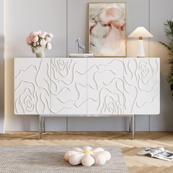 Best And Newest White Sideboards For Living Room Throughout 59" White Sideboard Buffet With Doors Modern Carved Credenza Adjustable  Shelves Homary (View 6 of 10)