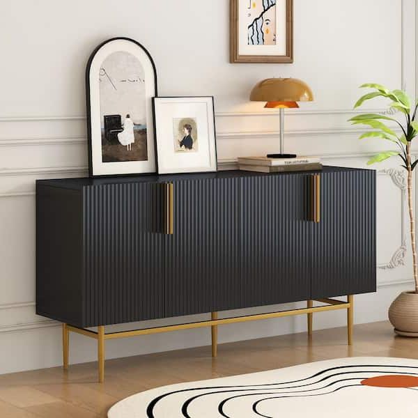 Black Wood 60 In. Modern Elegant Sideboard 4 Door Buffet Cabinet Storage  Accent Cabinet With Adjustable Shelves Fy Wf304382aab – The Home Depot Pertaining To Famous 4 Door Sideboards (Photo 4 of 10)