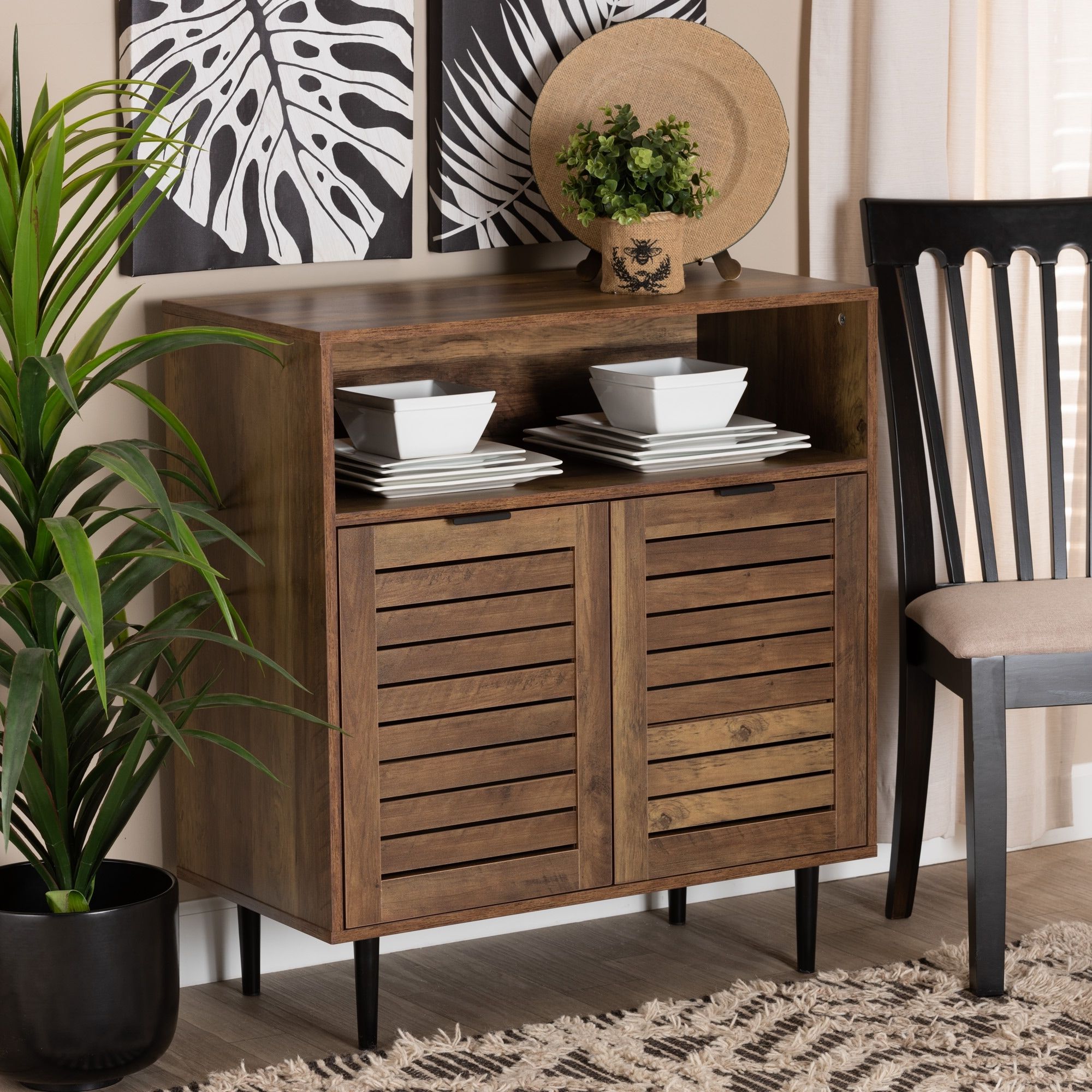 Brown Finished Wood Sideboards Inside Favorite Baylah Mid Century Modern Natural Brown Finished Wood And Black Metal  2 Door Sideboard – On Sale – Bed Bath & Beyond –  (View 4 of 10)