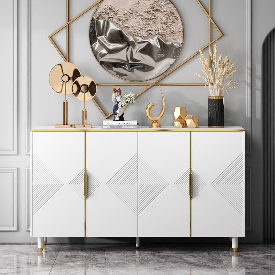 Current Sideboards With Adjustable Shelves Pertaining To Amazon – Famapy Credenza Sideboard Buffet With Adjustable Shelves &  Doors, Kitchen Sideboard Cabinet, Waving Texture, Wooden Legs, For Living  Room White (63”w X 15.7”d X  (View 6 of 10)