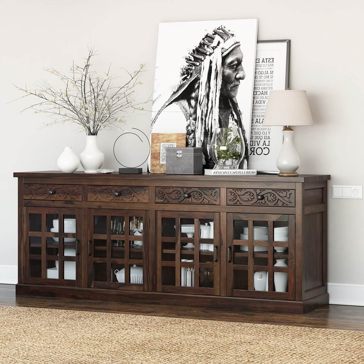 Dallas Ranch Rustic Solid Wood 4 Drawer Extra Long Buffet Cabinet Pertaining To Trendy Solid Wood Buffet Sideboards (View 3 of 10)