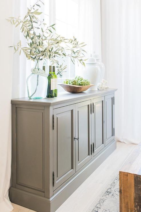 Dark Gray Buffet Cabinet With White Lidded Vases – Transitional – Dining  Room With Regard To Newest Gray Wooden Sideboards (View 10 of 10)