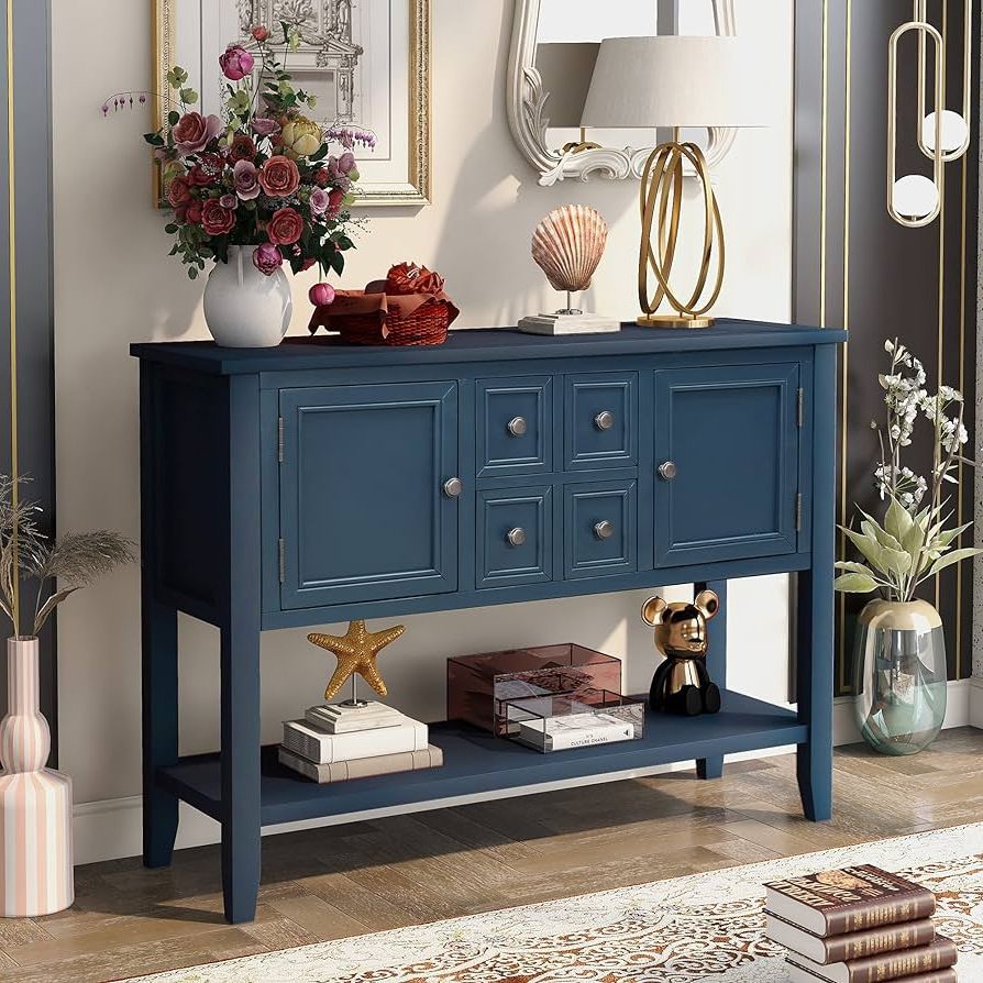 Entry Console Sideboards In Most Popular Amazon: Console Table Buffet Sideboard Sofa Entryway Side Table With 4  Storage Drawers 2 Cabinets And Bottom Shelf For Living Room Home Decor  (antique Light Navy) : Home & Kitchen (Photo 2 of 10)