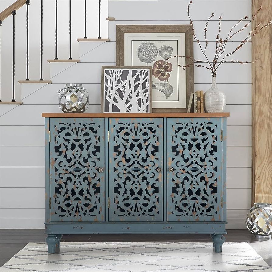 Famous 3 Door Accent Cabinet Sideboards Regarding Amazon: Sophia & William Sideboard And Buffet With Storage, 3 Door  Hollow Carved Accent Cabinet, Distressed Wood Storage Cabinet Cupboard For  Kitchen, Dining Room, Living Room, Entryway, Blue : Home & Kitchen (Photo 1 of 10)