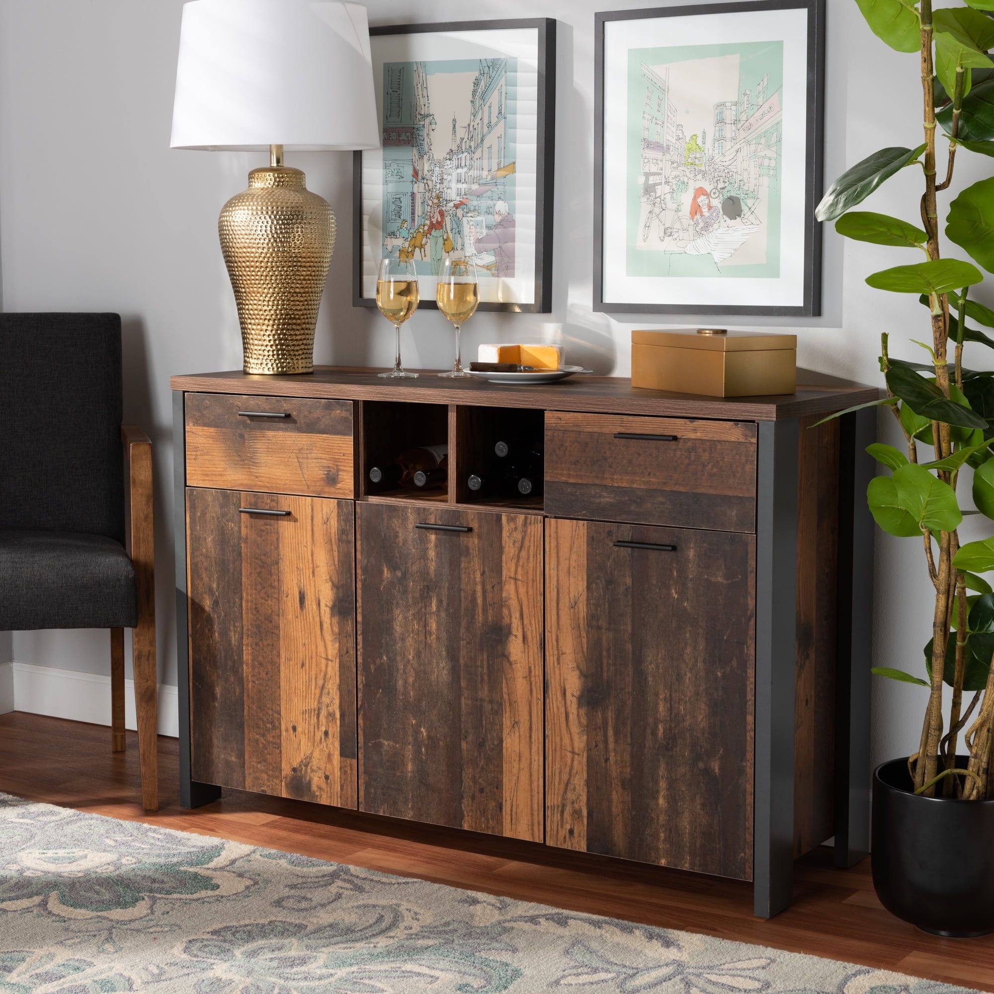 Famous Brown Finished Wood Sideboards With Regard To Baxton Studio Ranger Mid Century Modern Rustic Brown Finished Wood And Grey  Metal 2 Door Sideboard Buffet – Walmart (Photo 3 of 10)