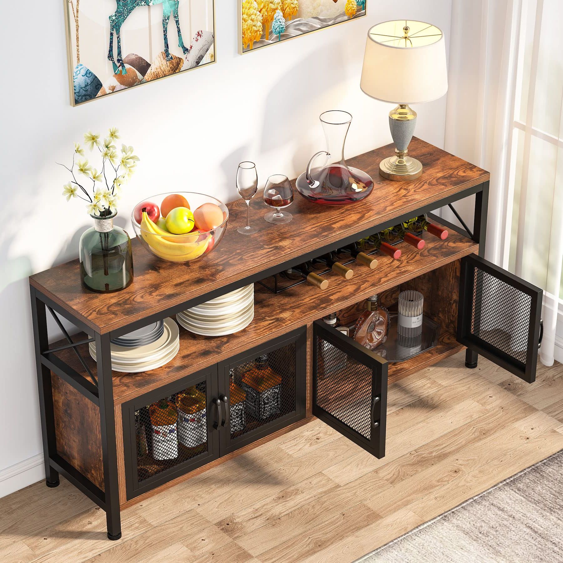 Famous Buffet Tables For Dining Room Pertaining To Amazon – Tribesigns Buffets & Sideboards Buffet Table Bar Cabinet With  4 Mesh Doors, Farmhouse Buffet Cabinet Bar Sideboard With Storage Open  Shelf, Wood Kitchen Buffet Storage Cabinet For Dining Room – (Photo 1 of 10)