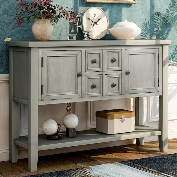 Famous Entry Console Sideboards Within Anbazar 47 In. Grey Antique Console Table With Bottom Shelf Sideboard Buffet  With 2 Cabinets And 2 Drawers For Entryway Kz 020 E – The Home Depot (Photo 6 of 10)