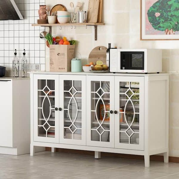 Famous Fufu&gaga Modern White Wood Buffet Sideboard With Storage Cabinet, Glass  Doors, And Adjustable Shelves For Kitchen Dining Room Kf330001 01 – The  Home Depot Throughout Buffet Tables For Dining Room (View 7 of 10)