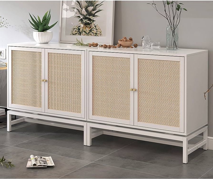 Fashionable Assembled Rattan Sideboards Intended For Amazon – Awqm 2pcs Rattan Sideboard Buffet Cabinet With  Storage,kithchen Accent Storage Cabinet With Doors Console Table With  Adjustable Shelves,wood Console Cabinet For Dining Room,living Room,white –  Buffets & Sideboards (Photo 5 of 10)