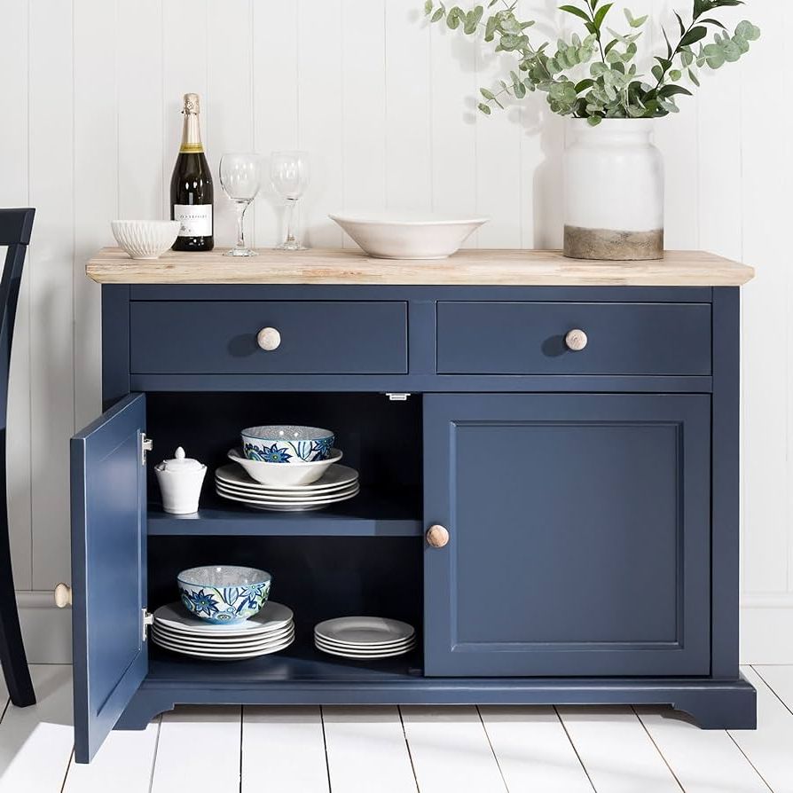 Florence Navy Blue Sideboard With Cupboard And Drawers. Fully Assembled  Cabinet With Limed Acacia : Amazon.co (View 7 of 10)