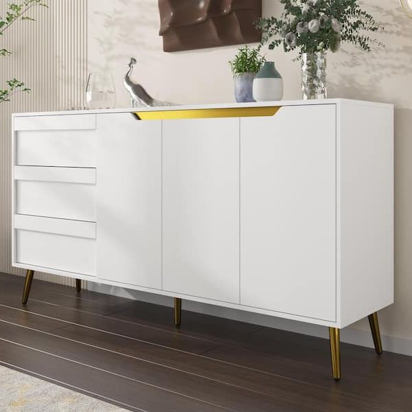 Fufu&gaga 63 In. W White Wood Accent Storage Cabinet With 3 Doors, 3 Drawers,  Gold Metal Legs Kf260044 C – The Home Depot Throughout Popular Sideboard Storage Cabinet With 3 Drawers & 3 Doors (Photo 5 of 10)