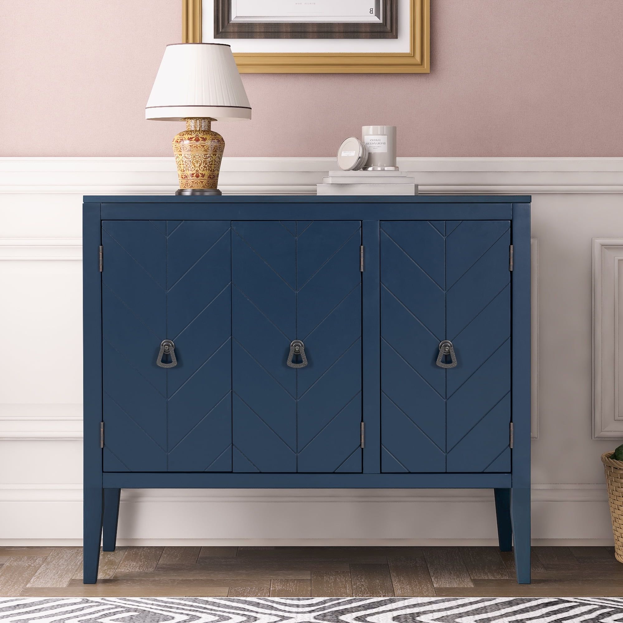 Latest Sideboard Buffet Storage Cabinet, Solid Wood Accent Cabinets With 3 Doors  And Adjustable Shelf, Rustic Blue Console Tables For Entryway Hallway,  Dining Room, Living Room, Study, Ja3980 – Walmart Intended For 3 Door Accent Cabinet Sideboards (Photo 8 of 10)
