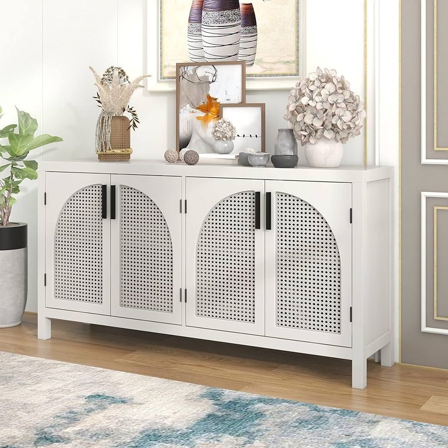 Latest Sideboards Cupboard Console Table With Regard To Amazon – Merax White Wood Farmhouse Buffet Sideboard Rattan Door Coffee  Bar Storge Cabinet Console Table For Living Room Bedroom Kitchen, Type 1 –  Buffets & Sideboards (View 2 of 10)
