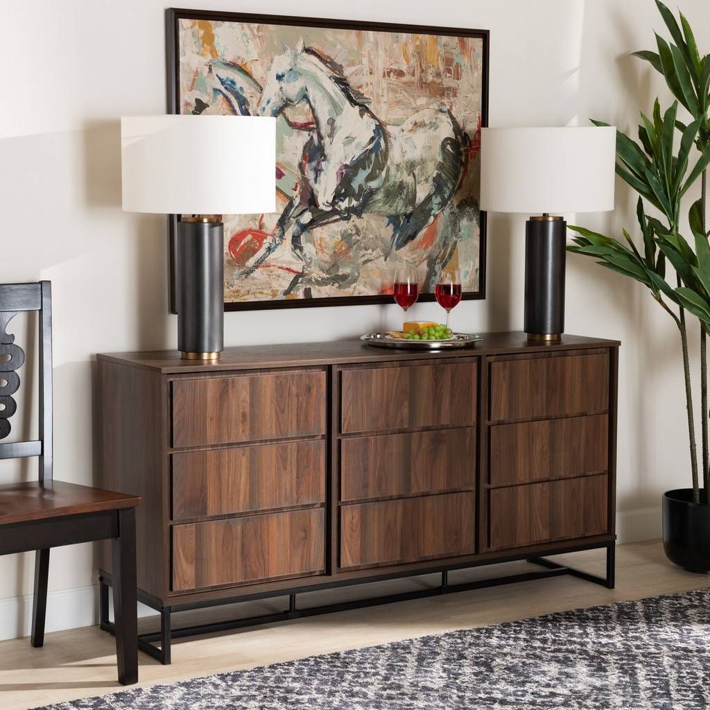 Most Current Baxton Studio Neil Modern Walnut Brown Finished Wood & Black Finished Metal  3 Door Dining Room Sideboard Buffet – Wholesale Interiors Mpc8009 Walnut  Sideboard Inside Brown Finished Wood Sideboards (View 6 of 10)