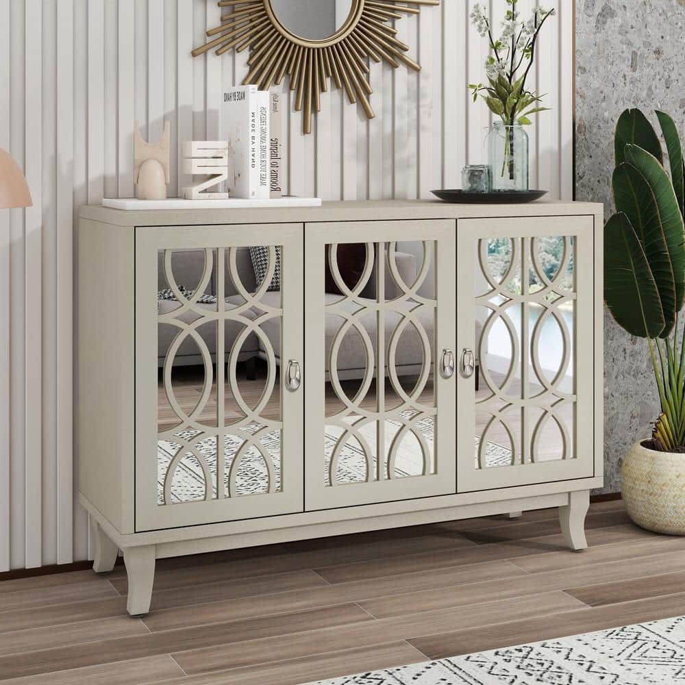 Most Current Sideboards With Power Outlet Regarding Champagne Wood 47.2 In. Sideboard Modern Buffet Cabinet Storage Console  With 3 Glass Doors And Adjustable Shelves Fy Wf304918aan – The Home Depot (Photo 10 of 10)