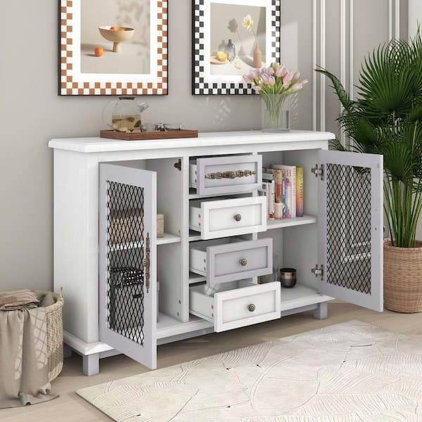 Most Popular Harper & Bright Designs Retro Style White Sideboard With 4 Drawers And 2  Iron Mesh Doors Xw046aaa – The Home Depot Inside Sideboards With Breathable Mesh Doors (View 2 of 10)