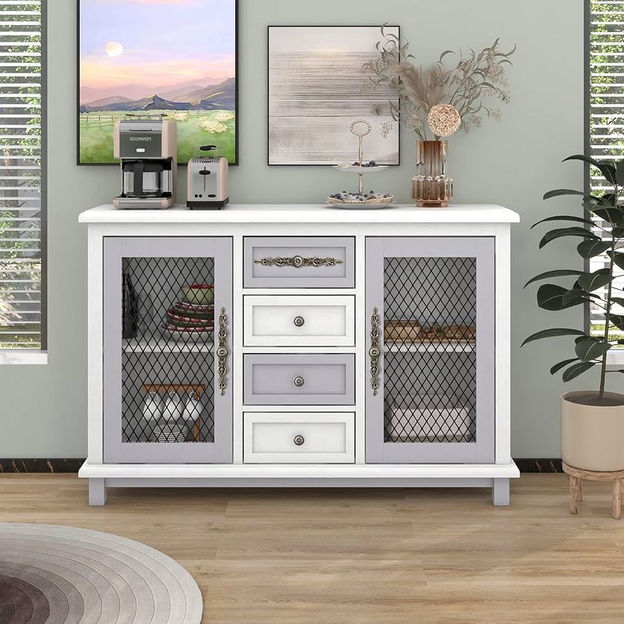 Most Popular Sideboards With Breathable Mesh Doors In Amazon: Merax Retro Style Cabinet With 4 Drawers Of The Same Size And 2  Iron Mesh Doors For Living Room And Entryway,functional Sideboard, White 3  : Home & Kitchen (View 4 of 10)