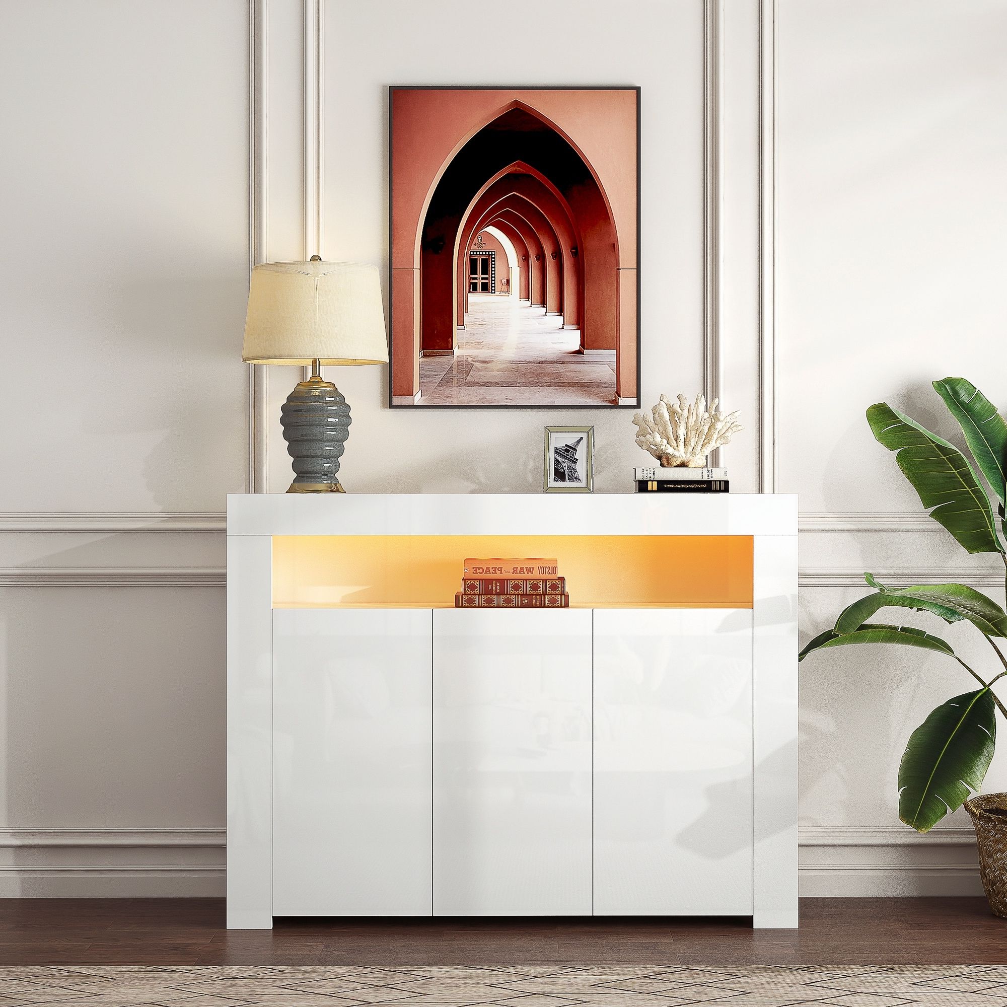 Most Recent Living Room Sideboard Storage Cabinet With Led Light, Modern Kitchen Unit Cupboard  Buffet Wooden Storage With 3 Doors – Bed Bath & Beyond – 36976758 Regarding 3 Doors Sideboards Storage Cabinet (Photo 10 of 10)