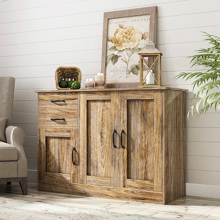 Most Recent Rustic Oak Sideboards Within Amazon – Joysource 43 Inch Sideboard Buffet Cabinet 3 Doors Sideboard  Coffee Bar Cabinet With 3 Drawers Cupboard Cabinet With Adjustable Shelf  Rustic Buffet Sideboards For Living Room Kitchen Bedroom – Buffets &  Sideboards (View 2 of 10)