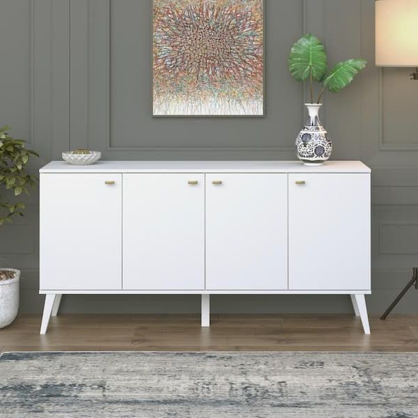 Most Recently Released Prepac Milo Mid Century Modern White 4 Door Buffet Wcbl 1415 1 – The Home  Depot With Mid Century Modern White Sideboards (Photo 2 of 10)