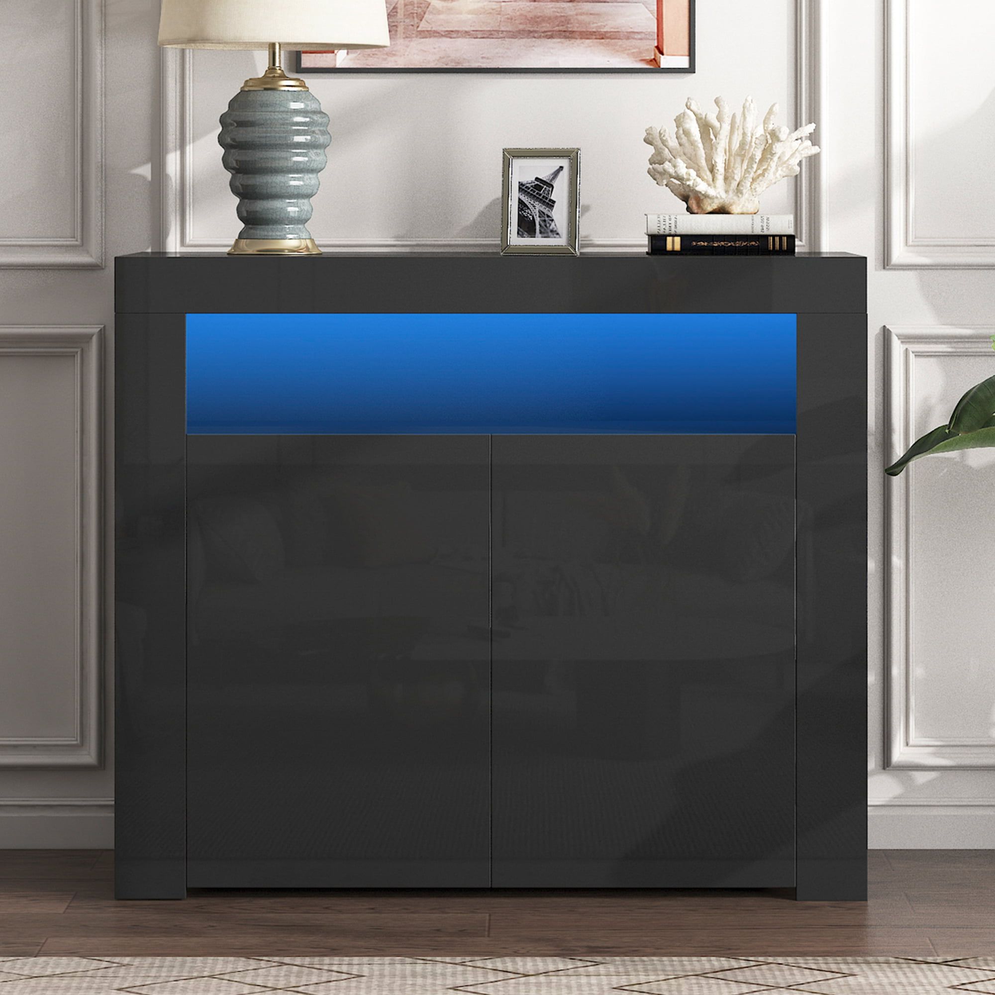 Most Up To Date Seventh Sideboard Buffet Cabinet, High Gloss Wood Sideboard Cupboard With Led  Lights And Shelves, Kitchen Storage Server Table With Open Space, Modern  Dining Room Sideboards And Buffets, Black – Walmart Within Sideboards With Led Light (View 2 of 10)