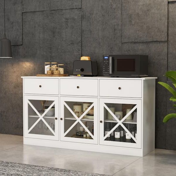 Popular Fufu&gaga 62 In. White Sideboard With 3 Drawer And 3 Doors White Cabinets  With Large Storage Spaces Kf260033 01 – The Home Depot Within 3 Drawer Sideboards (Photo 7 of 10)