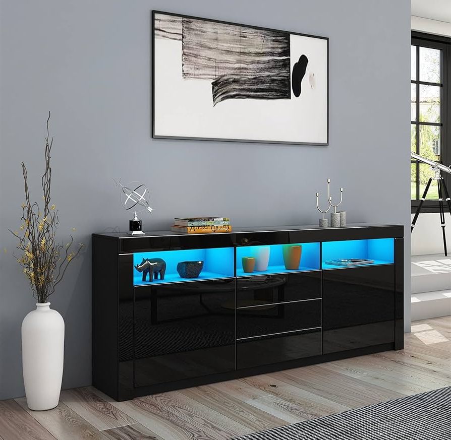 Popular Sideboards With Led Light Intended For Awoood Sideboard Cabinet, High Gloss Sideboards Tv Stand Unit 2 Doors 3  Drawers With Led Light Storage Cupboard For Living Dining Room 160x35x72cm  (black) : Amazon.co (View 4 of 10)