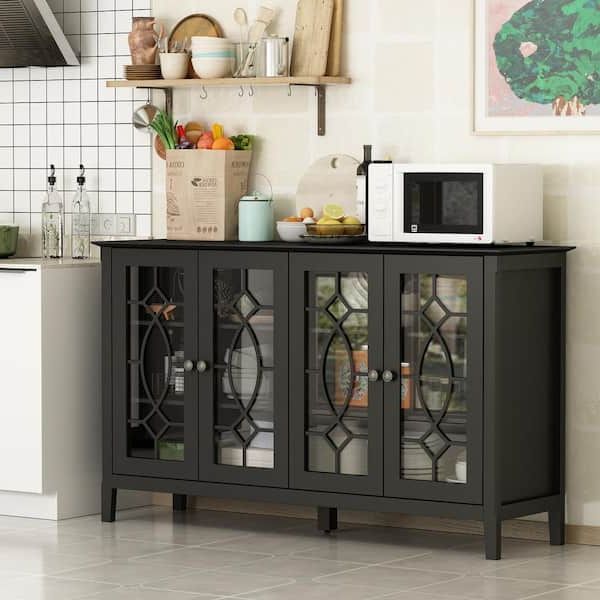 Preferred Fufu&gaga Black Modern Wood Buffet Sideboard With Storage Cabinet, Glass  Doors, And Adjustable Shelves For Kitchen Dining Room Kf330001 02 – The  Home Depot Pertaining To Buffet Tables For Dining Room (Photo 3 of 10)