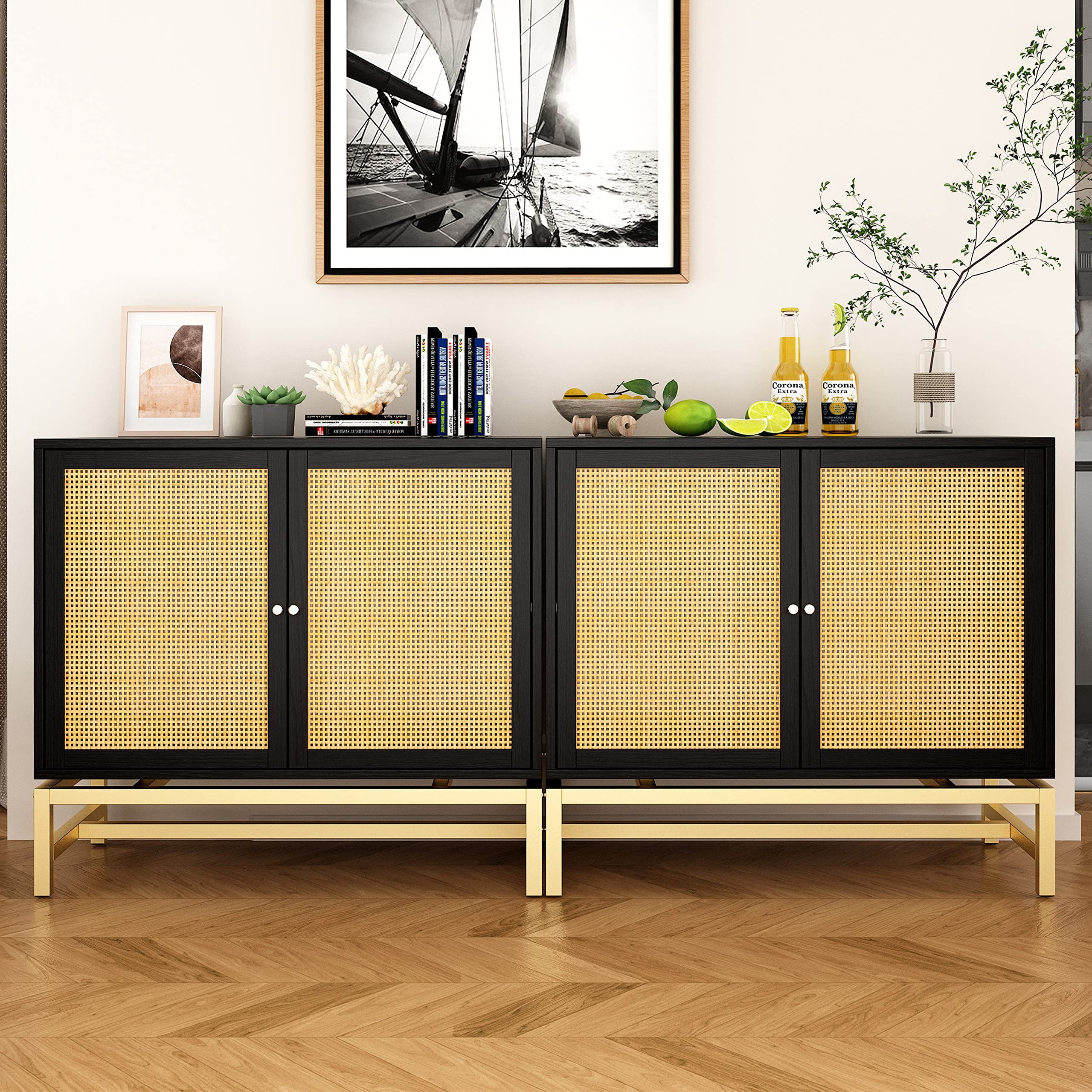 Rattan Buffet Tables Intended For Well Known Amazon: Modern Rattan Buffet Sideboard Floor Stand Storage Cabinet With  Natural Rattan Doors And Gold Metal Base Wood Sidrboard Accent Cabinet  Console Table For Living Room Bedroom（black 2 Pack） : Home & Kitchen (Photo 6 of 10)