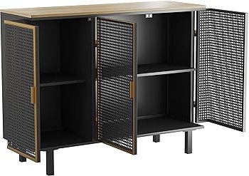Recent Sideboards With Breathable Mesh Doors With Regard To Amazon: Lamerge 3 Doors Modern Sideboard,40" Wide Freestanding Storage  Cabinet,buffet,cupboard,entryway Floor Cabinet,carbonized Bamboo,breathable,  For Living Room Office Bedroom, Dark Grey (l3ds 40) : Home & Kitchen (View 8 of 10)